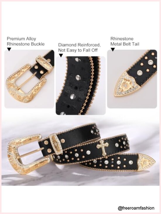 Premium Leather Rhinestone Belt with Detachable Buckle for Western Outfits